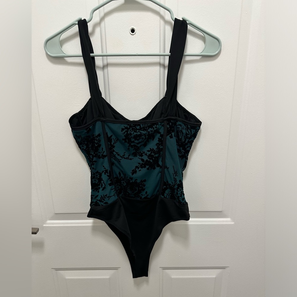 Lulus Exceptionally Dramatic Teal Burnout Floral Bustier Bodysuit, Size Small - Picture 7 of 7